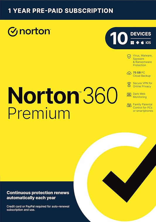 Norton 360 Premium 2024 EU Key (1 anno / 10 dispositivi) + 75 GB di archiviazione cloud