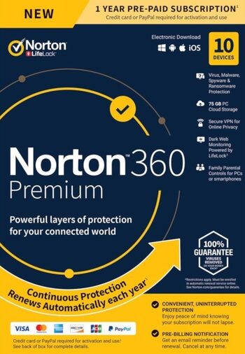 Norton 360 Premium EU Key (1 anno / 10 dispositivi) + 75 GB di archiviazione cloud